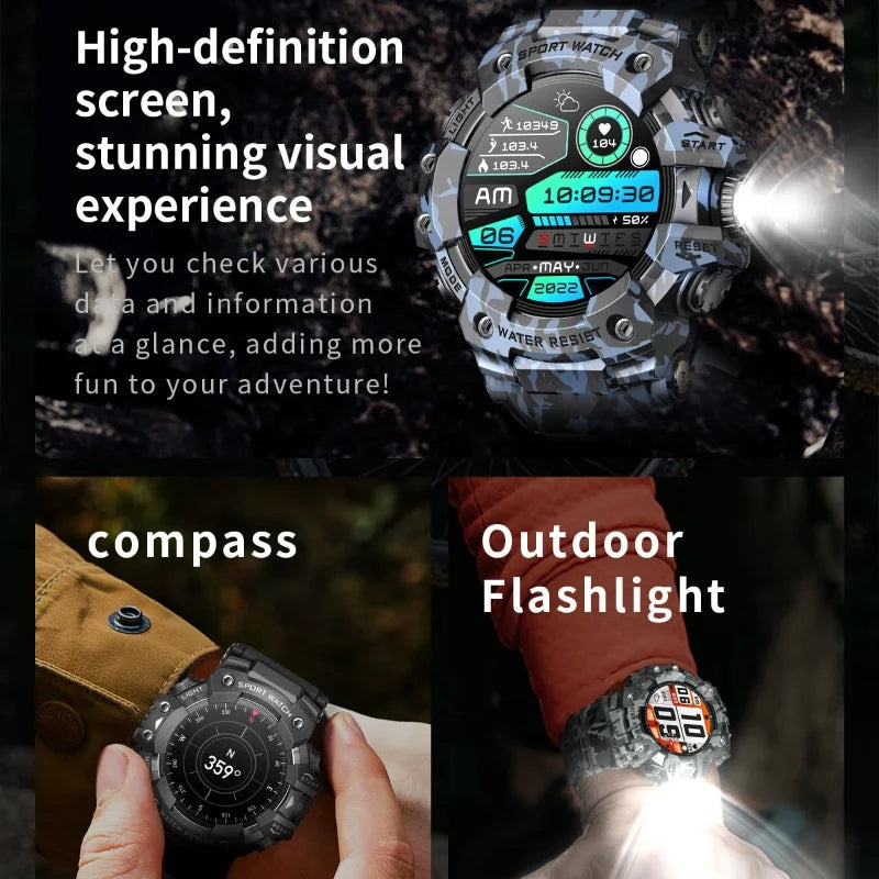 2025 Rugged Sport Smart Watch Bluetooth Calls Colorful Waterproof Military Smartwatches with Flashlight SOS COMPASS for Phone