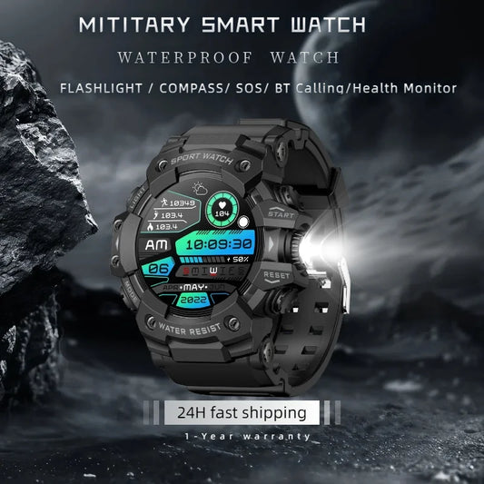 2025 Rugged Sport Smart Watch  Bluetooth Calls Colorful Waterproof Military Smartwatches with Flashlight SOS COMPASS for Phone