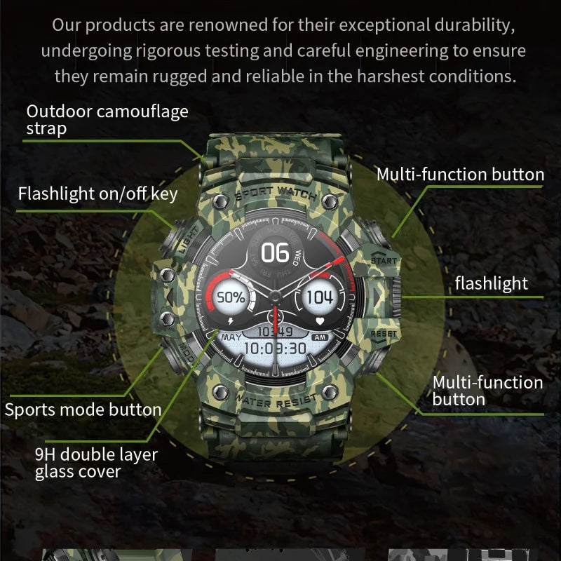 2025 Rugged Sport Smart Watch  Bluetooth Calls Colorful Waterproof Military Smartwatches with Flashlight SOS COMPASS for Phone